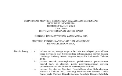 Permendikdasmen Nomor 3 Tahun 2025 tentang Sistem Penerimaan Murid Baru (SPMB)